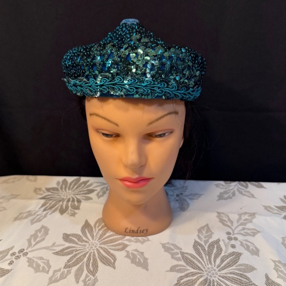 Vintage Teal Sequin Evening Pillbox Cocktail Hat